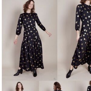 Warm NY / Ladyland black metallic gold floral long sleeve Maxi Dress 2 medium M